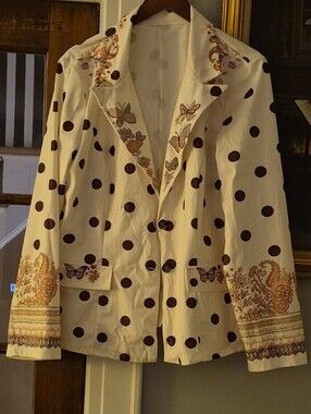 Polka Dot Embroidered Women's Blazer Jacket - Cream with Brown Dots
